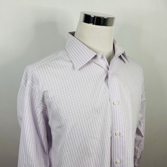 David Donahue 18.5 34/35 Trim Fit Dress Shirt Purple White Plaid 100% Cotton - Picture 1 of 5